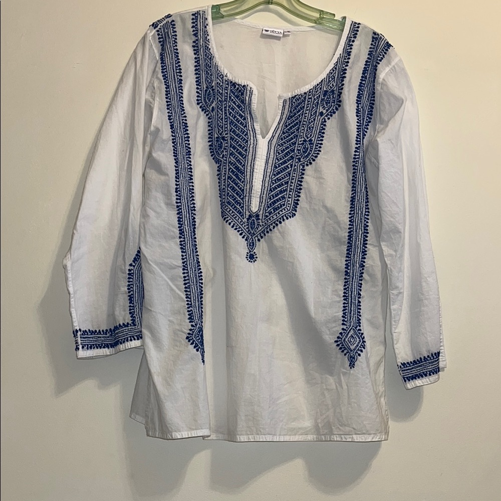Sevya White Tunic with cobalt Blue hand Embroidery